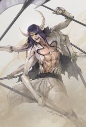 Rule 34 | 1boy, abs, absurdres, arrancar, black hair, bleach, commentary request, crescent, crescent hair ornament, extra arms, facial mark, fighting stance, floating hair, foot out of frame, hair ornament, highres, holding, holding scythe, hole in head, ikuyoan, kubo tite (style), long hair, looking afar, muscular, muscular male, nnoitra gilga, open clothes, open mouth, open shirt, pants, parted bangs, red eyes, sand, scythe, shirt, signature, simple background, smile, solo, standing, teeth, torn clothes, torn shirt, white pants, white shirt