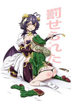 2girls absurdres ahoge ane_moire araga_kiwi bdsm boots dress green_boots green_hat green_jacket hat highres holding holding_wand horns jacket long_hair looking_at_viewer magia_baiser mahou_shoujo_ni_akogarete multiple_girls pants purple_hair purple_pants simple_background smile spanked symbol-shaped_pupils unworn_boots wand white_background white_dress yellow_eyes yuri