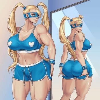 1girl antenna_hair artist_request ass blonde_hair blue_eyes blue_shorts blue_sports_bra breasts capcom cleavage female_focus huge_ass large_breasts looking_back mirror rainbow_mika reflection shorts sports_bra street_fighter street_fighter_v thick_thighs thighs twintails wrestling_mask