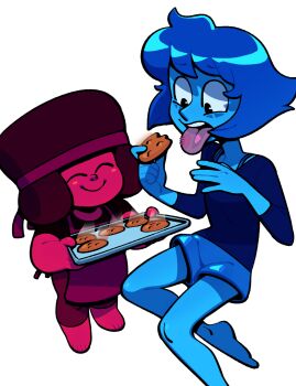 2girls afro blue_hair blue_skin closed_eyes colored_skin discount-supervillain full_body gem_(steven_universe) headband highres lapis_lazuli_(steven_universe) multiple_girls open_mouth red_skin ruby_(species)_(steven_universe) ruby_(steven_universe) short_hair shorts simple_background smile standing steven_universe