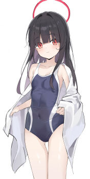 1girl absurdres aid! black_hair blue_archive breasts collarbone competition_swimsuit covered_navel halo highres justice_task_force_member_(blue_archive) long_hair looking_at_viewer one-piece_swimsuit red_eyes red_halo simple_background small_breasts solo standing swimsuit thigh_gap towel white_background