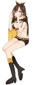 1girl absurdres bikini bikini_top_only black_bikini black_boots black_shorts boots breasts brown_hair cleavage cloak commentary_request extra_pupils front-tie_bikini_top front-tie_top full_body green_eyes grin hair_ribbon half-closed_eye hands_up highres knee_boots long_hair looking_at_viewer miwo_ya navel ponytail re:zero_kara_hajimeru_isekai_seikatsu ribbon shaula_(re:zero) shorts simple_background smile solo stomach swimsuit white_background