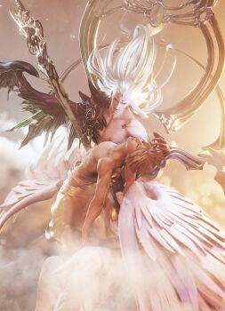 2boys 3d _body blonde_hair closed_eyes cloud cloud_strife final_fantasy final_fantasy_vii final_fantasy_vii_remake hair_slicked_back highres impaled kaorismash long_hair looking_at_another multiple_boys multiple_wings muscular muscular_male open_clothes open_robe parted_lips robe safer-sephiroth short_hair silver_hair spiked_hair square_enix topless_male upper_body wings