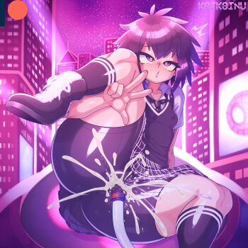 1girl absurdres artificial_insemination artist_name ass bike_shorts breasts cameltoe covered_erect_nipples cum cum_in_clothes cum_in_pussy cum_through_clothes dildo female_ejaculation female_ejaculation_through_clothes heart heart-shaped_pupils highres kaikoinu kneehighs marvel one_eye_closed open_mouth outdoors penetration_through_clothes peni_parker school_uniform sex_toy skin_tight skindentation small_breasts socks solo spider-man:_into_the_spider-verse spider-man_(series) spider-verse symbol-shaped_pupils thick_thighs thighs v wink