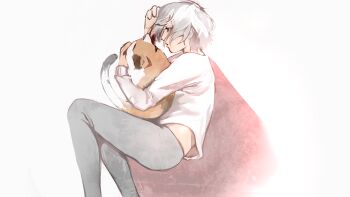 1girl angela_he animal animal_hug bob_cut calico_(pattern) calico_cat curled_up feet_out_of_frame from_above hand_up highres knees_up long_sleeves lying midriff non-web_source official_art on_side shirt short_hair solo white_hair white_shirt you_left_me