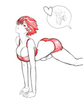 1girl all_fours ass breasts buruma cleavage crop_top fire_emblem fire_emblem_fates heart hinoka_(fire_emblem) large_breasts looking_back nintendo paintfag red_hair short_hair short_shorts shorts simple_background solo speech_bubble stretching yellow_eyes yoga