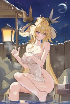 1girl absurdres ahoge alternate_breast_size_(larger) arknights blonde_hair blue_eyes blush breasts cleavage closed_mouth collarbone commentary convenient_leg covering_privates crescent_moon dragon_horns eastern_dragon_horns english_commentary farewell_(dpjp5277) feet_out_of_frame hair_intakes hair_rings highres horn_ornament horns large_breasts leizi_(arknights) leizi_the_thunderbringer_(arknights) long_hair looking_at_viewer moon night nude_cover onsen outdoors pointy_ears sidelocks sitting smile soaking_feet solo steam towel