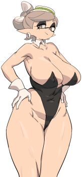 +_+ 1girl bare_shoulders breasts closed_mouth covered_erect_nipples detached_collar earrings eyelashes gloves grey_hair half-closed_eyes hand_on_own_hip hat highleg highleg_leotard highres hoop_earrings inkling jewelry large_breasts leotard looking_at_viewer marie_(splatoon) mole mole_under_eye nintendo pointy_ears short_hair smile solo splatoon_(series) splatoon_1 standing strapless strapless_leotard white_background white_gloves yuta_agc