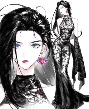 1girl battle_tendency black_dress black_hair dress highres jojo_no_kimyou_na_bouken lisa_lisa long_hair mago579 mature_female red_stone_of_aja sleeveless sleeveless_dress solo