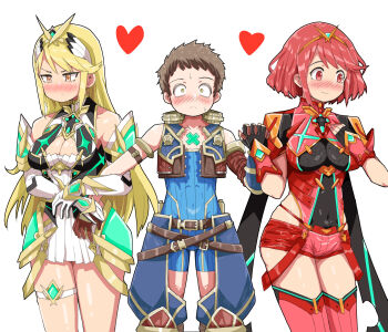 Rule 34 | 1boy, 2girls, arm hug, arm strap, bare shoulders, black gloves, blonde hair, blue vest, blush, breasts, chest jewel, cleavage, cleavage cutout, clothing cutout, commentary, core crystal (xenoblade), covered navel, cowboy shot, cropped vest, dress, elbow gloves, gloves, heart, highres, holding hands, large breasts, long hair, looking at viewer, love triangle, mipoog, multiple girls, mythra (xenoblade), pyra (xenoblade), red eyes, red hair, red shorts, red thighhighs, rex (xenoblade), short dress, short hair, short shorts, shorts, simple background, thigh strap, thighhighs, vest, white background, white dress, white gloves, xenoblade chronicles (series), xenoblade chronicles 2, yellow eyes