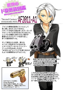 1girl blue_eyes shell_casing business_suit chart colt's_manufacturing_company double-barreled_pistol firing formal_clothes gold gou_(double_trigger) gun handgun information_sheet japanese_text m1911 multiple-barrel_gun original pistol side-by-side-barreled_pistol sidearm sig_sauer smile suit text_focus translation_request weapon weapon_focus weapon_name weapon_profile weird_guns_of_the_world white_hair