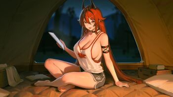 1girl 95_(jiuwujiang) antenna_hair black_choker black_horns black_shorts breasts camping choker dolphin_shorts goddess_of_victory:_nikke hair_flaps hair_intakes holding holding_phone holding_tablet_pc horns large_breasts log long_hair looking_at_viewer mechanical_horns open_mouth phone red_hair red_hood_(nikke) shorts sideboob sitting smile solo tablet_pc tank_top tent tent_interior tree very_long_hair white_tank_top
