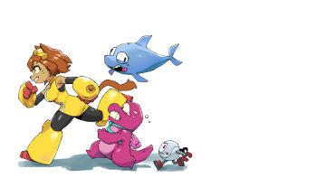 1girl 3boys absurdres animal_ears brown_hair cat_ears cat_girl cat_tail dinosaur dolphin dress flappers_(gameoverse) furry furry_female gameoverse gauntlets gobbles_(gameoverse) goggles goggles_on_head highres kaboodle_(gameoverse) kit_bodega multiple_boys orly_custer red_eyes simple_background tail toon_(style) whiskers white_background yellow_dress yellow_gauntlets