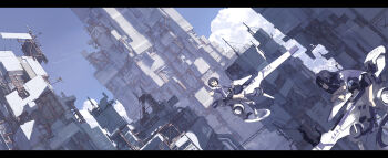 Rule 34 | 2girls, black eyes, black hair, cat, city, cityscape, cloud, contrail, day, dutch angle, highres, hover bike, letterboxed, long hair, md5 mismatch, miniskirt, multiple girls, open mouth, original, resolution mismatch, scenery, science fiction, short hair, skirt, sky, source larger, sunlight, tsukuba masahiro, waving