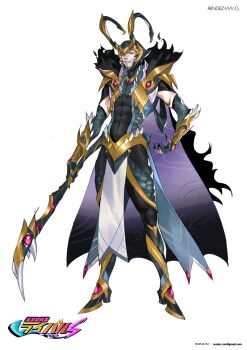 Rule 34 | 1boy, alternate costume, aqua armor, armor, artist name, bishoujo senshi sailor moon, bishoujo senshi sailor moon s, black cape, bodysuit, boots, cape, commentary request, covered abs, covered navel, email address, fake horns, fingerless gloves, fingernails, full body, fur-trimmed cape, fur trim, gloves, gradient cape, green eyes, grin, helmet, holding, holding staff, holding weapon, horned helmet, horns, loki (marvel), looking to the side, male focus, marvel, marvel rivals, multicolored cape, muscular, muscular male, parody, pelvic curtain, purple cape, scale armor, sharp fingernails, smile, solo, staff, thor (marvel) (series), title parody, two-sided cape, two-sided fabric, vvv rendez, weapon, white background, white loincloth