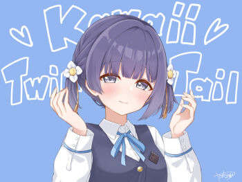 Rule 34 | 1girl, alternate hairstyle, blue background, blue ribbon, blue vest, blush, closed mouth, collared shirt, commentary request, flower, gakuen idolmaster, hair flower, hair ornament, hands up, hataya misuzu, hatsuboshi gakuen school uniform, highres, idolmaster, long sleeves, looking at viewer, neck ribbon, purple eyes, purple hair, ribbon, school uniform, shirt, short hair, signature, simple background, smile, solo, text background, twintails, upper body, vest, white shirt, yasaka (astray l)
