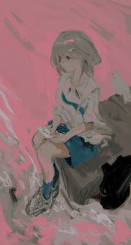 1girl absurdres bang_dream! bang_dream!_it's_mygo!!!!! bird blue_shorts blue_socks brown_eyes grey_hair highres lemtun letter pink_background shirt short_hair shorts sitting socks solo takamatsu_tomori white_shirt