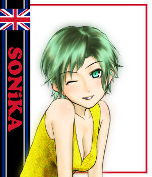1girl breasts character_name cleavage commentary_request eg_(1con) green_eyes green_hair grin looking_at_viewer one_eye_closed plunging_neckline shirt short_hair sleeveless sleeveless_shirt smile solo sonika upper_body vocaloid
