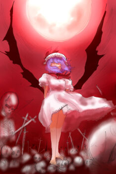 arms_behind_back ascot bare_legs barefoot bat_wings bone covered_mouth dress glowing glowing_eyes hair_over_face hat hat_ribbon highres looking_at_viewer looking_down mob_cap moon moonlight multiple_swords pink_dress pink_hat puffy_short_sleeves puffy_sleeves purple_hair red_ascot red_background red_eyes red_moon remilia_scarlet ribbon short_hair short_sleeves skeleton skull standing touhou tsukimi_(eyhyexx) wind wings