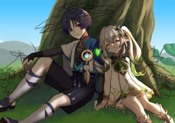 1boy 1girl against_tree anemo_symbol_(genshin_impact) anklet aranara_(genshin_impact) arm_at_side arm_on_knee arm_support armlet armor asymmetrical_sidelocks belt black_belt black_bodysuit black_bridal_gauntlets black_hair black_shorts bloomers blue_cape blue_gemstone blue_sky blue_sleeves blunt_ends bodysuit bridal_gauntlets bridal_legwear cape chest_jewel clear_sky closed_eyes closed_mouth clothing_cutout covered_collarbone dress eyelashes eyeliner eyeshadow feathers gem genshin_impact glowing_gem glowing_leaves gold gold_ring gold_trim green_gemstone green_hair hair_between_eyes hair_intakes hair_ornament hakama hakama_shorts head_on_another&#039;s_shoulder heart heart_hair_ornament highres hip_vent japanese_armor japanese_clothes jewelry knee_up kote kurokote layered_sleeves leaf leaf_hair_ornament leaning_on_person leg_warmers long_hair looking_at_another makeup mandarin_collar middle_ring mountainous_horizon multicolored_hair nahida_(genshin_impact) on_grass open_hand open_mouth outdoors plant pleated_shorts pointy_ears pom_pom_(clothes) purple_eyes purple_rope purple_sash red_eyeliner red_eyeshadow rope saga_(saga_kancolle) sash scaramouche_(genshin_impact) short_sleeves shorts shoulder_peek side-by-side side_ponytail sidelocks sitting sky sleeping sleeping_on_person sleeveless sleeveless_dress smile socks stirrup_footwear stirrup_legwear streaked_hair tassel toeless_legwear toenails toes tree tsurime underwear unfinished wanderer_(genshin_impact) white_bloomers white_dress white_hair white_leg_warmers white_sleeves white_socks wispy_bangs yellow_feathers