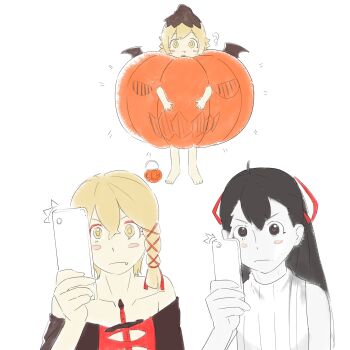 1boy 2girls ? ^^^ absurdres arm_at_side bare_arms bare_legs bat_wings black_coat black_eyes black_hair blonde_hair blush_stickers braid bright_pupils cellphone center-flap_bangs child coat collarbone dagger deathtopia_virtuoso_suicide-master eyeshadow fang fang_out full_body hair_between_eyes hair_flaps hair_ribbon halloween_bucket halloween_costume hand_up highres holding holding_phone jack-o&#039;-lantern_cutout knife long_hair makeup monogatari_(series) multicolored_eyes multiple_girls notice_lines off_shoulder open_mouth oshino_shinobu pale_skin phone pumpkin_costume red_eyes red_eyeshadow red_ribbon ribbed_sweater ribbon shishirui_san shishirui_seishirou side_braid sleeveless sleeveless_sweater smartphone sweater swept_bangs taking_picture tress_ribbon two-tone_eyes weapon wings yellow_eyes