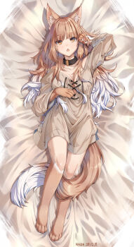 Rule 34 | 1girl, :o, absurdres, animal ears, animal feet, animal hands, breasts, brown hair, brown shirt, cat ears, cat girl, cat tail, claw pose, collar, criss-cross straps, full body, gradient hair, hand on own chest, hand up, highres, kyouko kasa, long hair, long shirt, long sleeves, looking at viewer, lying, medium breasts, multicolored hair, no pants, off shoulder, on back, open mouth, original, shirt, tail, white hair, yellow eyes