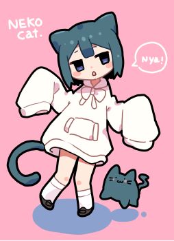 1girl :&lt; absurdres animal animal_ears black_hair blush_stickers bow bowtie cat cat_ears cat_girl cat_tail commentary ekomori_eko full_body highres hood hood_down hoodie long_sleeves looking_to_the_side open_mouth original oversized_clothes pink_background purple_eyes short_hair sleeves_past_fingers sleeves_past_wrists socks solo tail