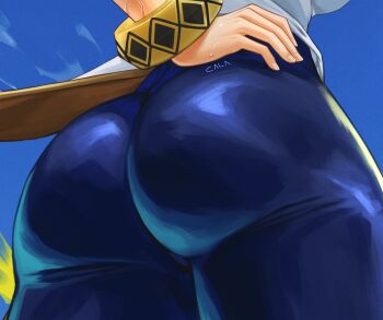 1girl armpits artist_name ass ass_focus blue_pants bracelet breasts capcom chun-li double_bun earrings from_behind gabriel_carrasquillo gold_trim hair_bun hair_ribbon hand_on_own_hip head_out_of_frame jewelry large_breasts lower_body pants ribbon shirt sky solo street_fighter street_fighter_6 swept_bangs thick_thighs thighs tight_clothes tight_pants toned twisted_torso white_shirt yellow_ribbon