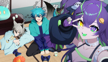 Rule 34 | 1girl, 2boys, animal ear fluff, animal ears, black hair, black nails, black pants, blue eyes, blue hair, breasts, character request, cleavage, collarbone, colored inner hair, commentary, controller, game controller, gloves, green hair, green nails, grey hair, hair between eyes, hair ornament, heterochromia, highres, indie virtual youtuber, multicolored hair, multiple boys, open mouth, pants, planet hair ornament, purple eyes, purple gloves, purple hair, sakotach, selfie, sitting, smile, symbol-shaped pupils, v, v over eye, virtual youtuber