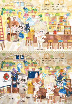 4girls alpaca_ears alpaca_girl alpaca_suri_(kemono_friends) alpaca_tail animal_ears blonde_hair blue_hair bow bowtie brown_hair cafe cellien_(kemono_friends) cetacean_tail common_dolphin_(kemono_friends) dhole_(kemono_friends) dolphin_girl dress extra_ears fins fish_tail glasses gloves grey_hair indoors kemono_friends kemono_friends_3 kikuchi_milo leggings meerkat_(kemono_friends) meerkat_ears meerkat_tail multiple_girls pantyhose sailor_dress sandals shirt shoes short_hair shorts skirt sleeveless sleeveless_shirt sweater tail thighhighs translation_request wolf_ears wolf_girl wolf_tail