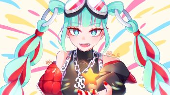 1girl aqua_eyes aqua_hair black_shirt breasts collarbone goggles goggles_on_head hatsune_miku jacket koemi_flc looking_at_viewer magical_mirai_(vocaloid) magical_mirai_miku magical_mirai_miku_(2023) medium_breasts official_alternate_costume official_alternate_hairstyle open_mouth red_hair red_jacket red_nails ring_hair_ornament shirt smile solo star_(symbol) upper_body vocaloid