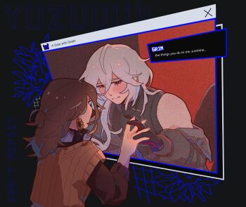 1boy 1girl a_date_with_death artist_self-insert black_gloves black_jacket black_shirt blush brown_hair brown_vest casper_(a_date_with_death) dialogue_box double-parted_bangs english_text flower gloves grid hair_between_eyes hair_over_shoulder headphones headphones_around_neck high_collar highres holding_hands interlocked_fingers jacket jacket_partially_removed jellyfish_cut looking_at_another original red_eyes shirt sleeveless sleeveless_shirt sunflower sunflower_earring through_medium vest white_hair window_(computing) yuzuuuu_4