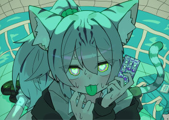 1girl :p absurdres animal_ear_fluff animal_ears black_jacket black_shoes cat_ears cat_girl cat_tail closed_mouth collared_shirt colored_tongue commentary_request double-parted_bangs fang fang_out green_eyes green_tongue grey_hair hair_between_eyes heart heart-shaped_pupils highres jacket katsu_(katsupainter) long_hair looking_at_viewer original pill ponytail portrait school_uniform shirt shoes sitting skin_fang socks solo sweat symbol-shaped_pupils tail tongue tongue_out white_shirt white_socks