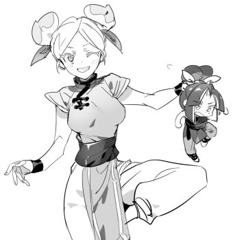 Rule 34 | 1boy, 1girl, bad id, bad twitter id, blush stickers, breasts, brother and sister, chibi, chinese clothes, cookie run, cookie run: ovenbreak, double bun, food, food-themed hair, fruit, greyscale, grin, hair bun, holding, holding chibi, holding mini person, humanization, inactive account, medium breasts, mini person, miniboy, monochrome, nana (ebitokanimiso), one eye closed, painttool sai (medium), pants, peach, peach cookie, plum cookie, short hair, siblings, simple background, sketch, smile, solo focus, standing, standing on one leg, white background