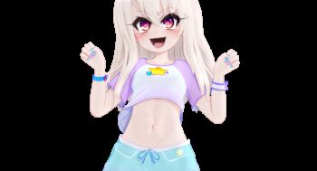 1girl 3d animated animated_gif belly blonde_hair blush child dancing fate/kaleid_liner_prisma_illya fate_(series) female_focus gs-mantis heart heart-shaped_pupils illyasviel_von_einzbern long_hair looking_at_viewer midriff navel open_mouth red_eyes saliva short_sleeves shorts smile solo stomach symbol-shaped_pupils transparent_background uvula