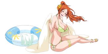1girl absurdres bikini bleach bleach:_brave_souls blue_eyes breasts cleavage float full_body highres inoue_orihime kubo_tite large_breasts long_hair navel official_art orange_hair ponytail sideboob simple_background solo swimsuit towel