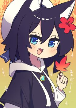 1girl :d animal_ear_fluff animal_ears autumn_leaves beret black_hoodie blue_eyes blush brown_background commentary_request drawstring fangs flower fox_ears hair_between_eyes hair_flower hair_ornament hat hibiscus highres holding holding_leaf hood hood_down hoodie layered_sleeves leaf long_sleeves looking_at_viewer maple_leaf open_mouth original red_flower saisoku_no_yukkuri short_over_long_sleeves short_sleeves smile solo upper_body white_hat