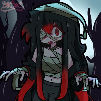 1girl bandage_over_one_eye bandaged_hand bandaged_head bandages black_hair black_pants black_sleeves bonbon_(bonzomcbonbon) breasts chest_sarashi cleavage dark dead_tree detached_sleeves gradient_background highres long_hair looking_at_viewer midriff navel open_mouth original outdoors outstretched_arms pants red_eyes red_hair sarashi sidelocks signature solo soy_(bonzomcbonbon) tree zombie_pose