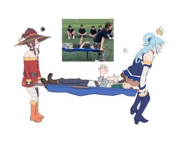 1boy 2girls absurdres accidental_pervert aldwelter aqua_(konosuba) ass assisted_carrying blue_dress blue_eyes blue_footwear blue_hair blue_skirt boots brown_footwear brown_hair cape carrying closed_eyes detached_sleeves dress face_in_ass fingerless_gloves gloves green_cape green_ribbon hair_ornament hand_up hat highres kono_subarashii_sekai_ni_shukufuku_wo! long_hair megumin meme multiple_girls no_panties pervert red_dress rescue ribbon satou_kazuma scene_reference short_hair simple_background sitting sitting_on_face sitting_on_person skirt stretching surprised sweat thighhighs witch_hat