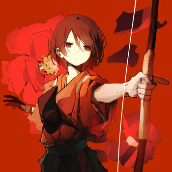 Rule 34 | 1girl, absurdres, archery, arm held back, black eyes, black gloves, black hair, black skirt, bow (weapon), closed mouth, cowboy shot, expressionless, floating hair, flower, gloves, hair between eyes, half-closed eyes, highres, holding, holding bow (weapon), holding weapon, index finger raised, japanese clothes, kimono, kyuudou, limited palette, manimani (vocaloid), muneate, partially fingerless gloves, partly fingerless gloves, petals, red theme, short hair, single glove, skirt, sleeves rolled up, solo, swept bangs, vocaloid, watanabe (seizouhanbai), weapon, yugake