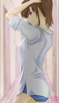 1girl artist_request expressionless looking_at_viewer looking_back panties tying_hair underwear