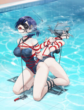 2girls absurdres air_bubble animal_ear_fluff animal_ears arms_behind_back asphyxiation bare_shoulders bdsm blindfold blue_archive blue_one-piece_swimsuit bondage bound bound_arms bound_breasts bound_legs bound_together bound_torso box_tie breasts bubble chihiro_(blue_archive) collarbone covered_erect_nipples crotch_rope drowning female_focus gag gag_harness gagged glasses grey_hair halo highres kneeling kumachi_(aikawaakeya) large_breasts large_variant_set medium_hair multiple_girls one-piece_swimsuit ponytail pool predicament_bondage purple_hair restrained ring_gag shibari shibari_over_clothes shiroko_(blue_archive) skindentation swimsuit tongue tongue_out torture underwater variant_set