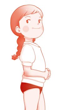 1girl a_dog_of_flanders aloise_cogez blush_stickers bow braid buruma closed_mouth from_side hair_bow highres loli monochrome own_hands_together puffy_short_sleeves puffy_sleeves red_theme riarutoruchokku short_sleeves smile solo twin_braids webp-to-png_conversion world_masterpiece_theater