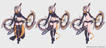 1girl arche_a._pleides blush boots breasts chakram closed_eyes crop_top drill_hair dual_wielding expressionless full_body grey_hair holding kuroboshi_kouhaku multiple_views navel official_art short_shorts shorts small_breasts torn_clothes tsurugihime twin_drills weapon yellow_eyes