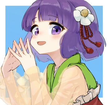 1girl blue_background blush flower_hairpin green_kimono hieda_no_akyuu japanese_clothes kimono long_sleeves looking_at_viewer medium_hair open_mouth own_hands_together purple_eyes purple_hair red_skirt see-through_clothes see-through_sleeves skirt sleeveless sleeveless_kimono smile solo touhou uisu_(noguchipint) upper_body
