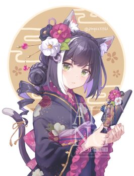Rule 34 | 1girl, animal ear fluff, animal ears, black hair, black kimono, braid, cat ears, cat girl, cat tail, closed mouth, commentary request, crown braid, egasumi, flower, frown, green eyes, hagoita, hair bun, hair flower, hair ornament, hair stick, highres, holding, holding paddle, japanese clothes, karyl (new year) (princess connect!), karyl (princess connect!), kimono, light blush, long hair, looking at viewer, multicolored hair, paddle, princess connect!, pu90237361, solo, streaked hair, tail, twitter username, upper body, v-shaped eyebrows, watermark