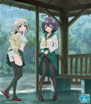 2girls ahoge araga_kiwi ass bench black_hair black_thighhighs blush bra bra_visible_through_clothes breasts cardigan closed_mouth clothes_in_mouth clothes_lift full_body green_bra green_hair green_panties green_sailor_collar green_skirt grey_cardigan grey_sky heart heart_ahoge highres hiiragi_utena key_visual long_sleeves looking_at_viewer mahou_shoujo_ni_akogarete medium_breasts mouth_hold multiple_girls official_art open_clothes open_mouth open_shirt overcast panties panties_under_pantyhose pantyhose park promotional_art rain sailor_collar school_uniform shirt shirt_in_mouth shirt_lift skirt skirt_lift sky small_breasts standing sweater teasing thighhighs tree underwear wavy_mouth wet wet_clothes white_bra white_panties white_shirt wringing_clothes wringing_skirt