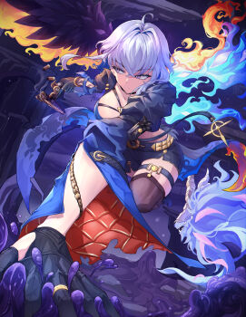 1girl absurdres ahoge asymmetrical_wings black_flower black_gloves black_jacket black_shorts black_thighhighs blake_bloom_(wuthering_waves) blue_nails breasts chimera_(wuthering_waves) closed_mouth commentary flower galbrena_(wuthering_waves) gloves grey_hair gun hair_between_eyes highres holding holding_gun holding_weapon jacket large_breasts mismatched_wings purple_eyes revermam12 shell_casing shorts sideways_glance single_glove tacet_discord_(wuthering_waves) thigh_strap thighhighs very_long_fingernails weapon wings wuthering_waves