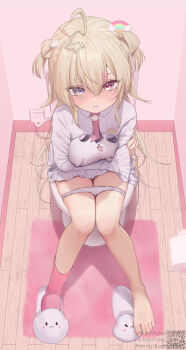 1girl ahoge artist_name barefoot blonde_hair blush celestial_(vtuber) collared_shirt crossed_arms eyelashes feet frilled_sleeves frills full_body grey_eyes hair_between_eyes hair_ornament hairclip heterochromia highres holding holding_toy indoors knees_together_feet_apart legs long_sleeves looking_at_viewer miniskirt necktie on_toilet panties panty_pull pink_eyes pink_necktie pink_socks pout qr_code ribbed_socks rryiup shadow shirt single_bare_foot single_sock sitting skirt slippers socks solo springfish_studio stuffed_toy toenails toes toilet toilet_paper toilet_use toy two_side_up underwear virtual_youtuber white_shirt wooden_floor xxhacucoxx