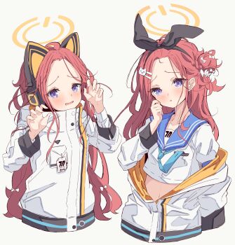 1girl absurdres adapted_costume animal_ear_headphones animal_ears black_hairband black_ribbon blue_archive blue_sailor_collar blush bow cat_ear_headphones cat_ears cat_hair_ornament claw_pose clenched_hand commentary cropped_shirt fake_animal_ears forehead furrowed_brow hair_bow hair_bun hair_ornament hair_ribbon hairband halo hands_up headphones highres id_card jacket kanikama_acedia long_hair long_sleeves looking_at_viewer millennium_science_school_logo multiple_views navel nyan_cat one_side_up open_clothes open_jacket open_mouth orange_halo parted_bangs puff_of_air purple_eyes red_hair ribbon sailor_collar sailor_shirt school_uniform serafuku shirt simple_background single_side_bun triangle_mouth upper_body very_long_hair wavy_mouth white_background white_bow white_jacket white_shirt yuzu_(blue_archive)